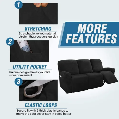 Miniatura 4 de Funda para sofá reclinable de 8 piezas, terciopelo elástico para sofá reclinable de 3 plazas, funda suave y gruesa para sofá reclinable, protector
