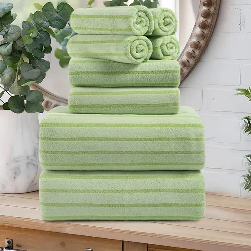 Miniatura 9 de Juego de 8 toallas de baño grandes a rayas estilo cabana color verde militar - Sábana de baño extragrande - 2 toallas de baño, 2 toallas de mano, 4