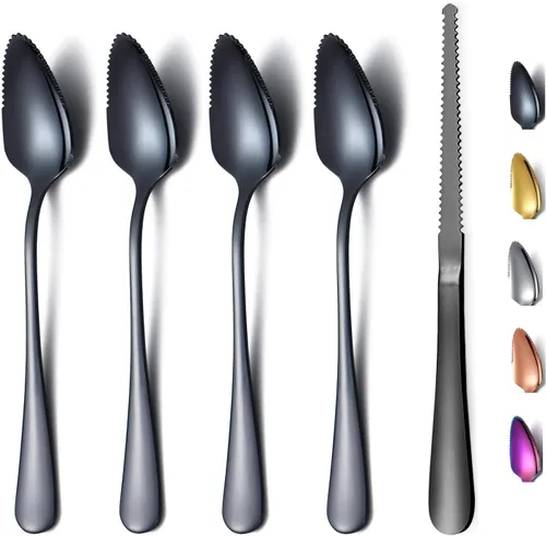 Miniatura 5 de Juego de 3 cucharas de pomelo negro, 2 cucharas de toronja de acero inoxidable y 1 cuchillo de toronja con chapado de titanio, juego de utensilios 2