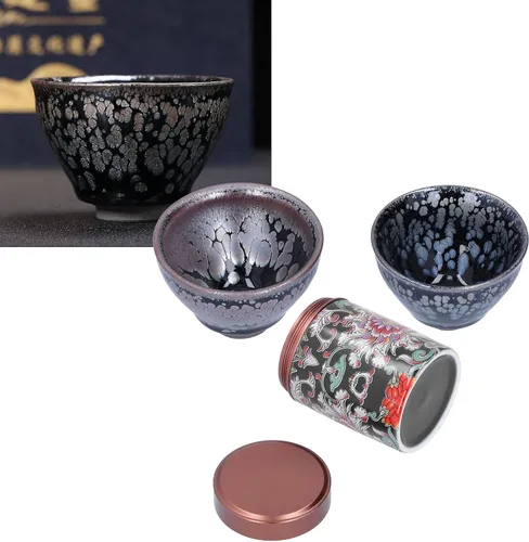 Miniatura 8 de Alvinlite Jianzhan Teacup Tenmokus Kung Fu Juego de té chino Taza de té Bote de té 2 piezas Tazón de té de cerámica con gran esmalte Artesanías Caja