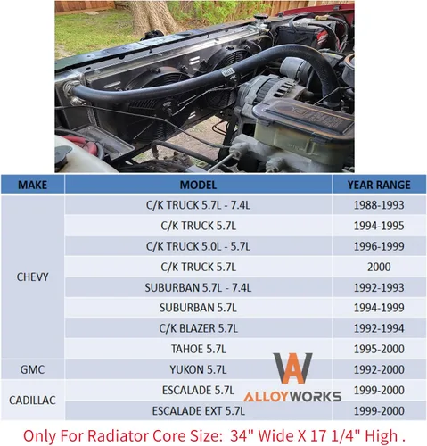 Miniatura 4 de ALLOYWORKS Radiador de aluminio de 3 filas para Chevy C/K Suburban Truck Blazer Tahoe 5.7L V8 1988 89 90 91 92 92 93 94 95 96 97 98 99 2000 Full