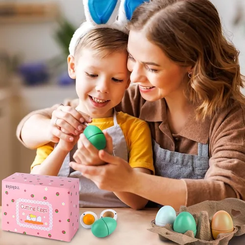 Miniatura 5 de WHOHOLL Huevos de madera de Pascua, juegos de comida para niños, huevos de madera resistentes con yema magnética separable, juguete de cocina