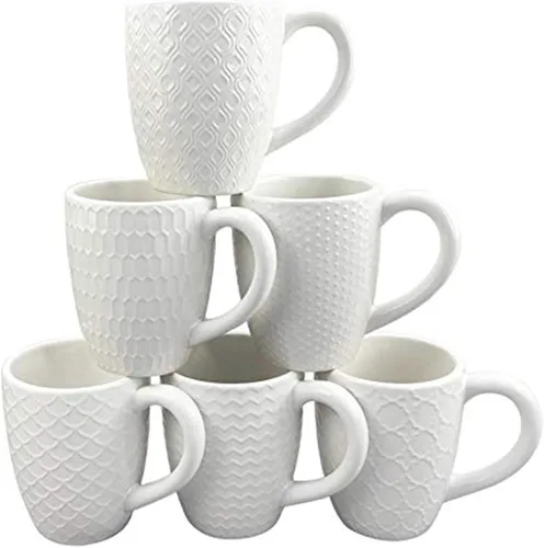 Miniatura 11 de Schliersee Juego de 6 tazas de café de cerámica blanca de 12 onzas, elegantes tazas de café en relieve para café, té, leche, cacao, cereales Tazas