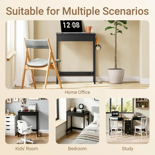 Miniatura 6 de SoBuy Escritorio pequeño con cajones de MDF, mini escritorio de 24 pulgadas con ganchos laterales, adecuado para niños y adolescentes en dormitorio