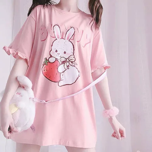 Miniatura 2 de Camiseta japonesa con estampado de conejo de fresa y volantes para mujer, Rosado
