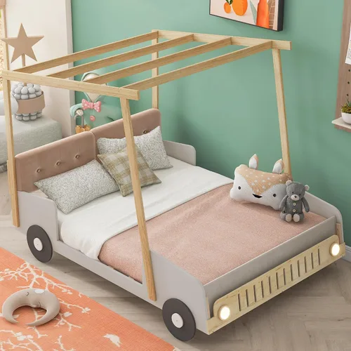 Miniatura 19 de Cama de plataforma en forma de auto de carreras de tamaño individual con ruedas y almacenamiento, base de cama de plataforma de madera maciza