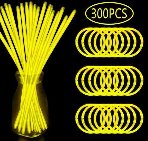 300 varillas de brillo amarillas a granel, pulseras iluminadas con conectores, suministros de fiesta que brillan en la oscuridad, palos brillantes