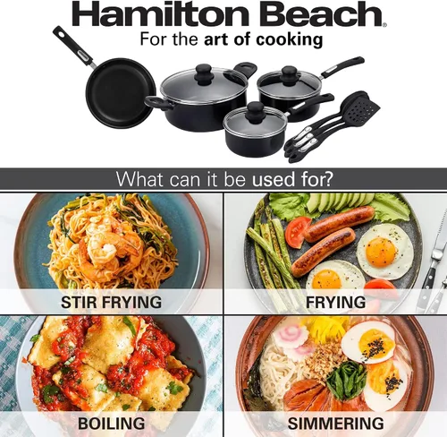 Miniatura 5 de Hamilton Beach Juego de utensilios de cocina cubiertos de aluminio, sartén antiadherente, horno holandés con mango de baquelita suave al tacto, Negro