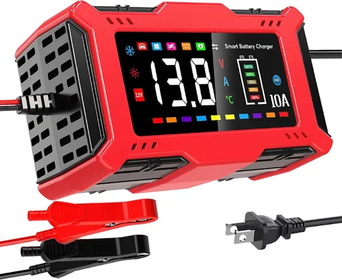 Cargador de batería de coche de 10 A con pantalla LCD grande para plomo ácido de 12 V y LiFePO4 de 14.6 V, mantenedor de batería automático,