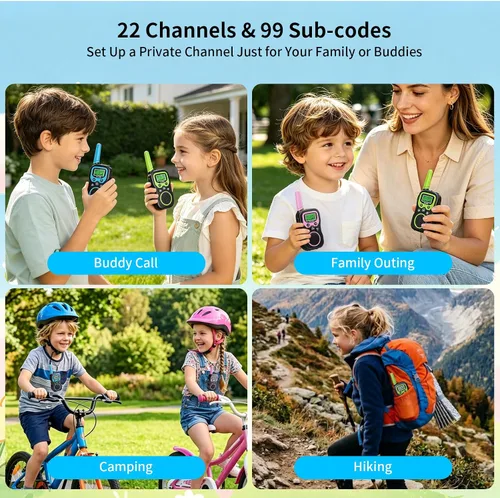 Miniatura 6 de Walkie Talkies recargables para niños, paquete de 3, Walkie Talkies de largo alcance para niños de 22 canales VOX linterna para acampar al aire