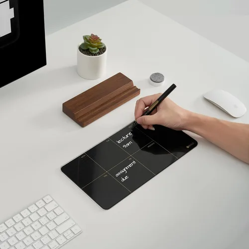 Miniatura 2 de Planificador semanal de cristal negro de escritorio, pizarra blanca de borrado en seco con soporte de madera desmontable, pequeño calendario