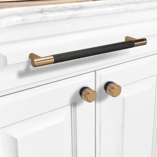 Miniatura 3 de Paquete de 10 tiradores para gabinete de cocina, tiradores mate negro y bronce champán, tiradores de cajón estriados negros, herrajes de cocina