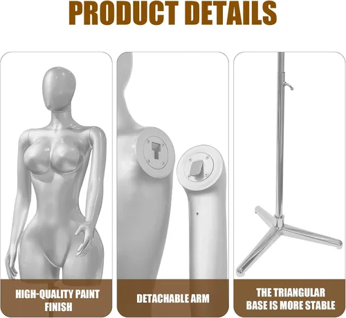 Miniatura 3 de Maniquí de torso brasileño con curvas plateadas, altura ajustable de 66.9 a 92.1 pulgadas, forma de vestido con brazos giratorios desmontables