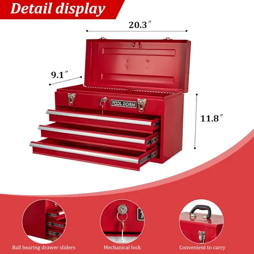 Miniatura 3 de Caja de herramientas de metal de 20.3 pulgadas con cajón, caja de herramientas de acero portátil con forro protector y cierre de pestillo y Rojo