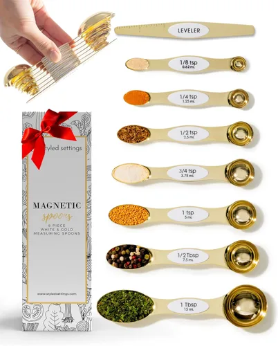 Cucharas medidoras magnéticas blancas y doradas, cucharas medidoras de doble cara de acero inoxidable para cocinar y hornear, bonitos accesorios de