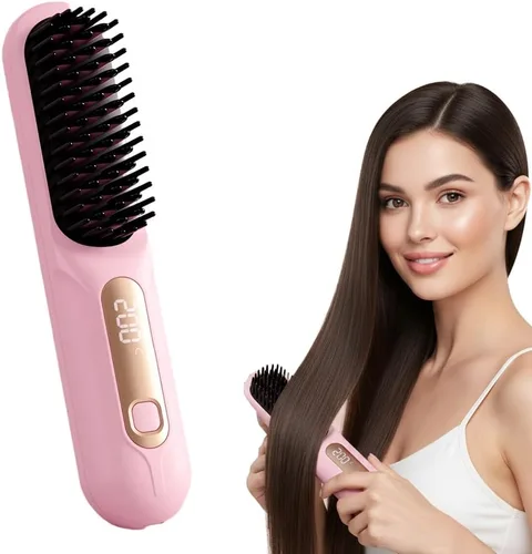 Cepillo alisador portátil para viajes, mini cepillo alisador de pelo inalámbrico con pantalla LCD de temperatura, cepillo de pelo recargable USB de