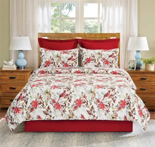 Miniatura 5 de C&F Home Averie - Juego de edredón reversible botánico con acebo y ramitas navideñas, diseño de cardenal y flor de pascua, tamaño matrimonial/queen