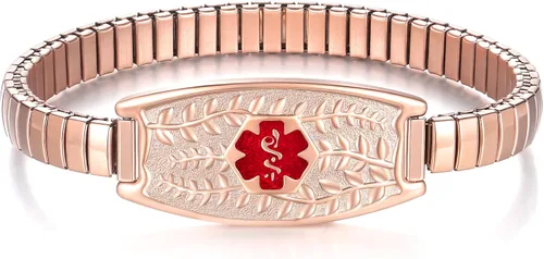 Miniatura 7 de Pulsera de Alerta Médica Elástica Oliva Divoti – Etiqueta de ID de Acero Inoxidable Grabada Personalizada – Hipoalergénica, Sin Cierre