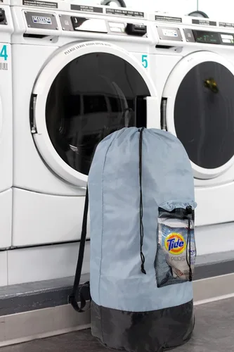 Miniatura 8 de Bolsa de lavandería con correas para el hombro y bolsillo de malla, mochila de lavandería grande portátil para lavandería universitaria, apartamento