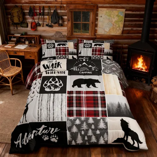 Miniatura 161 de Juego de edredón de cuernos de ciervo tamaño individual, juego de ropa de cama rústica de granja con huellas de oso y pinos para decoración