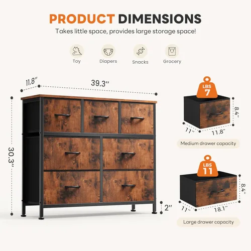 Miniatura 3 de Sweetcrispy Cómoda de 7 cajones con contenedores de tela, organizador de torre para dormitorio, armario, pasillo, entrada, cómoda alta con marco