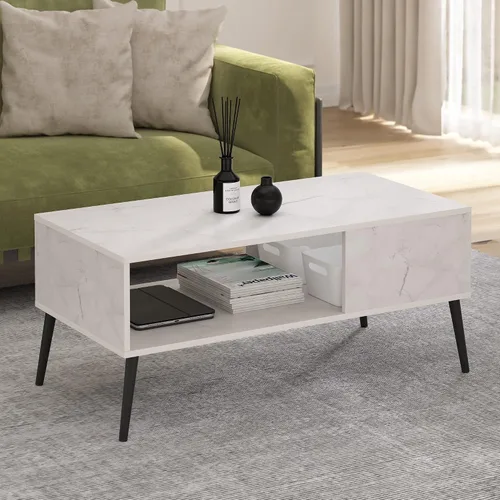 Miniatura 2 de Furinno Claude Mid Century Style - Mesa de centro con patas de madera, color blanco mármol Mármol Blanco