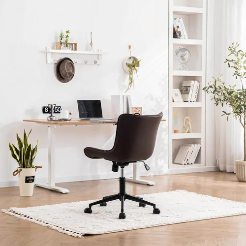 Miniatura 8 de YOUNIKE Silla ergonómica de escritorio para oficina en casa con ruedas, cómoda silla cruzada sin brazos con respaldo ajustable, moderna silla Marrón