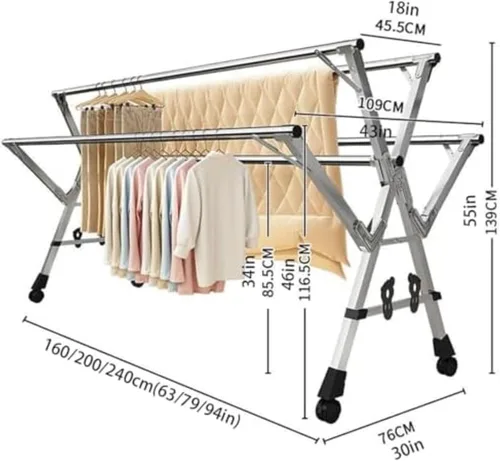 Miniatura 2 de Adjustable Foldable Clothes Drying Rack, Outdoor Indoor Laundry Stand, for Drying Bedding, Shirts, Towels More in Balcony or Bedroom (94in 94in)