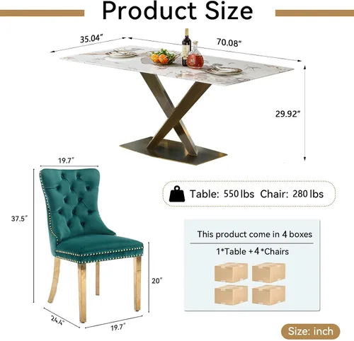 Miniatura 9 de Juego de mesa de comedor de mármol blanco para 4, 70 pulgadas, mesa de comedor de mármol blanco con 4 sillas de terciopelo verde y base de acero al