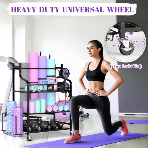 Miniatura 7 de Mythinglogic Estante de almacenamiento para esterilla de yoga, estante de almacenamiento de gimnasio en casa para mancuernas, rodillo de espuma