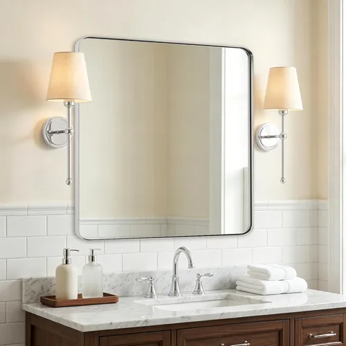Miniatura 37 de ANDY STAR Espejo cromado para baño, espejo de pared con marco de metal de 22 x 30 pulgadas, espejo rectangular de acero inoxidable con esquina