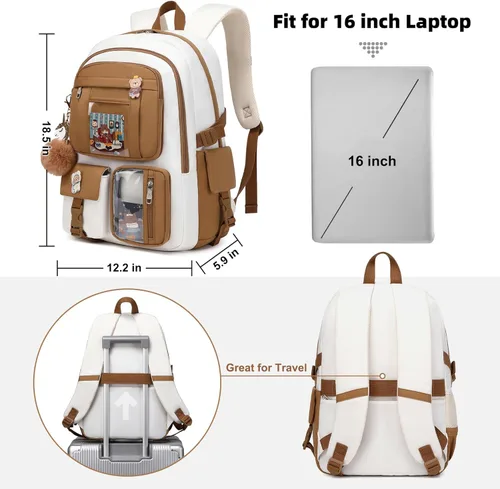 Miniatura 5 de Mochila para niñas con accesorios, bolsas para portátiles de 16 pulgadas, mochila escolar kawaii, mochila de viaje universitaria para adolescentes