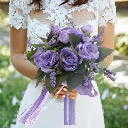 Miniatura 6 de EUBUY Ramos de boda para dama de honor, rosas artificiales blancas de 10.2 pulgadas, juego de ramos de seda de la serie Forest con lazo de cinta