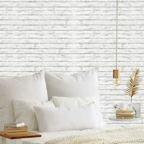 Miniatura 2 de Arthome 17 x 393 pulgadas Papel tapiz blanco gris, adhesivo de pelar y pegar, papel de contacto de madera, autoadhesivo, fácil de limpiar, película