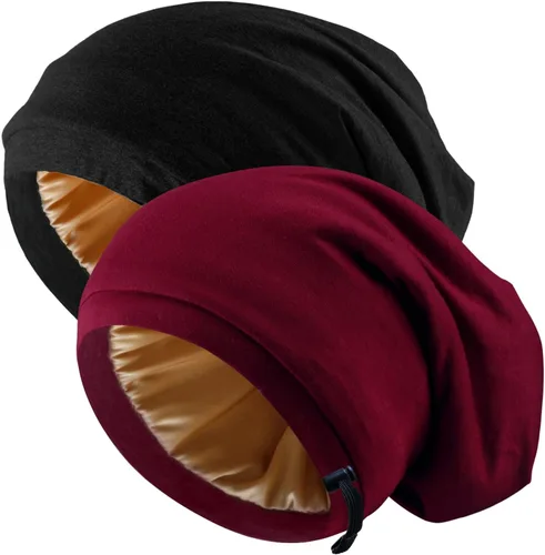 Miniatura 9 de 2 Pcs Adjustable Silk Hair Bonnet for Sleeping, Satin Lined Sleep Cap for Women and Men, Silk Hair Wrap Slouch Beanie.