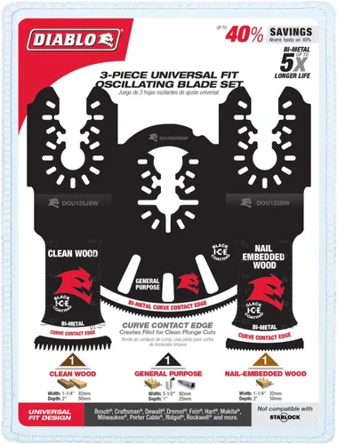 Miniatura 2 de Diablo DOU3BS Juego de cuchillas oscilantes bimetálicas de ajuste universal de 3 piezas, incluye cuchillas para madera incrustada en clavos, madera