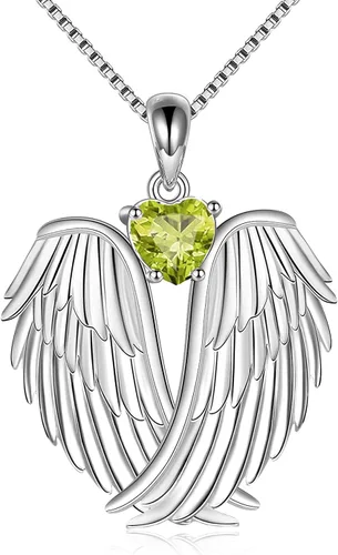 YFN Collar de alas de ángel de plata de ley 925 con colgante de alas de ángel de la guarda, collar de piedra natal para mujeres y niñas, regalos de