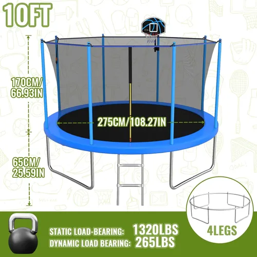 Miniatura 7 de ACWARM HOME Trampolín para exteriores de 10/12/14 pies para niños y adultos, trampolín con aro de baloncesto y rociador, antioxidante, aprobado por