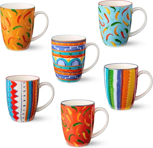 Certified International Caliente - Tazas de 14 onzas, juego de 6, vibrantes patrones de chile y suroeste, porcelana duradera con asas cómodas,