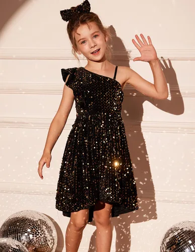 Miniatura 2 de GRACE KARIN Vestido de lentejuelas de un hombro para niñas, vestido de fiesta alto y bajo para 5-14 años