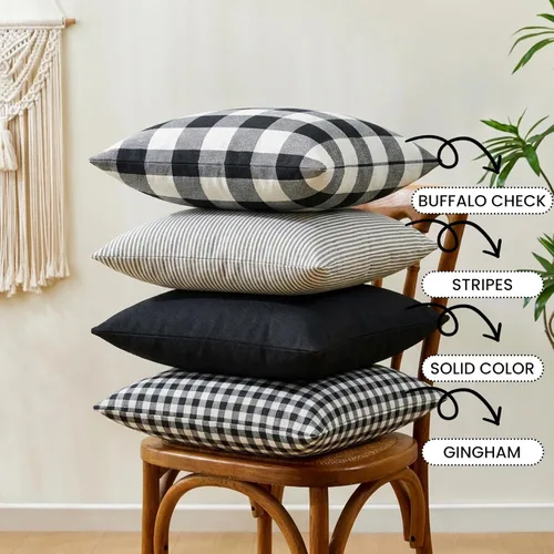 Miniatura 5 de CARRIE HOME Juego de 4 fundas de almohada a cuadros blancos y negros de 18 x 18 pulgadas para exteriores, decoración de granja a cuadros de búfalo
