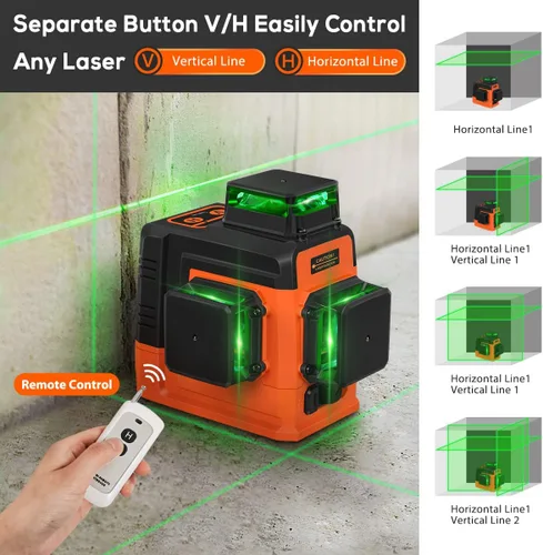 Miniatura 2 de Takamine Nivel láser de 12 líneas autonivelante 3x360° 3D con línea cruz verde para construcción/colgado de cuadros, control remoto, batería