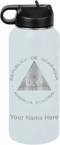 Miniatura 14 de LaserGram Botella de agua personalizada, bandera de Nicaragua, acero inoxidable de doble pared aislada al vacío con popote superior, regalo grabado
