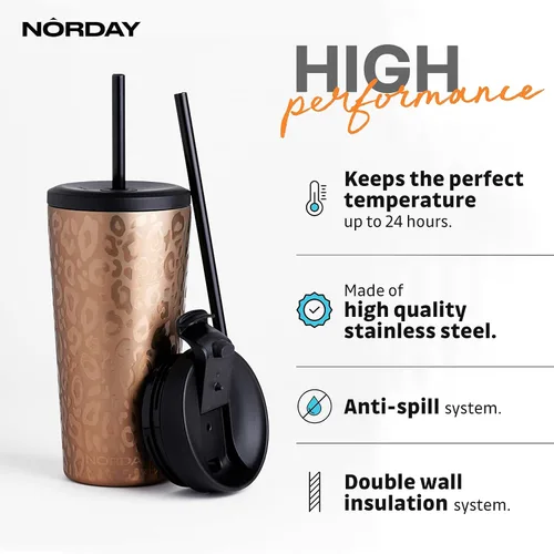 Miniatura 2 de NORDAY Vaso con tapa y popote – Bloom 20oz – Vaso aislado de leopardo de oro rosa – Vaso de acero inoxidable – Taza de café de doble pared