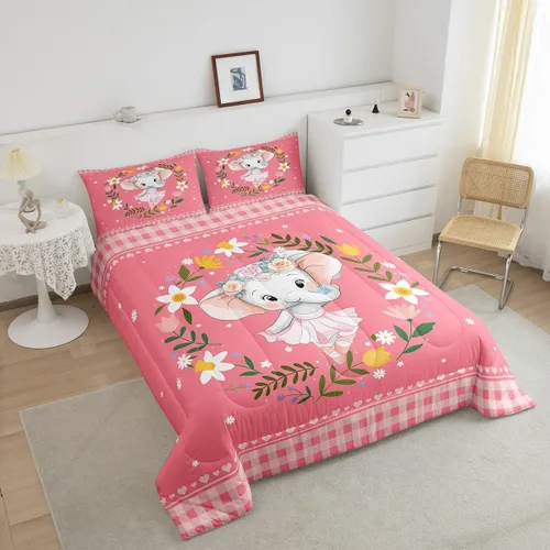 Miniatura 3 de Erosebridal Juego de ropa de cama de elefante de dibujos animados, edredón de animales de la selva, edredón de plumón para niña de ballet, bonito