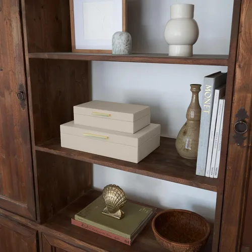 Miniatura 2 de ZICOTO Moderno juego de 2 cajas de almacenamiento decorativas con asas de metal negro, caja organizadora de joyas de piel sintética, caja