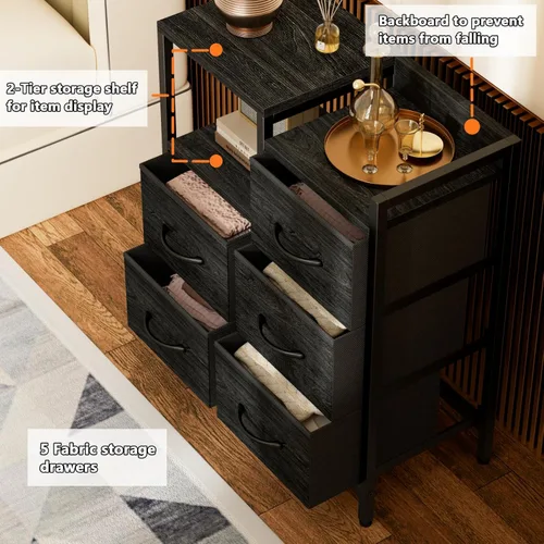 Miniatura 7 de Furnulem Cómodas Negras de 5 Cajones para Dormitorio Estante de 2 Niveles Almacenamiento Cómoda de Tela Pequeña para Closet Marco de Metal Roble