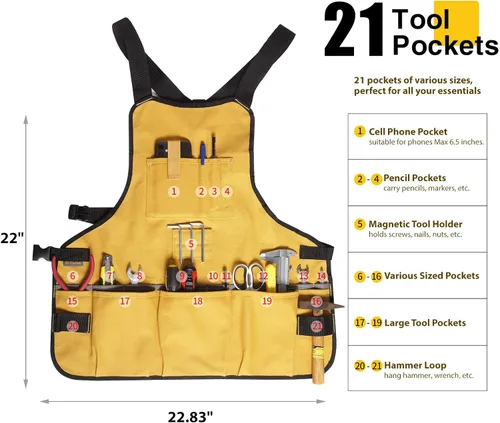 Miniatura 2 de Delantal de herramientas de trabajo para hombres y mujeres, longitud del torso con 21 bolsillos para herramientas, delantal de lona duradero