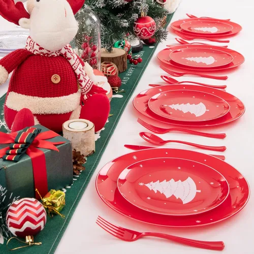 Miniatura 7 de Platos de plástico de Navidad WDF 50 piezas - Platos de plástico rojos y blancos con árbol de Navidad incluyen 25 platos para cena, 25 platos