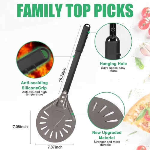 Miniatura 4 de Pala de torneado de pizza de 8 pulgadas redonda de aluminio perforada con mango de metal, paleta de pizza para accesorios de horno de pizza casera